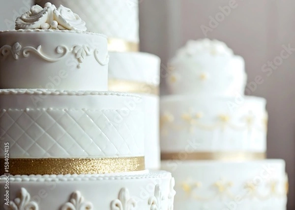 Fototapeta A close up view of several white tiered cakes with gold ribbon decorations visible