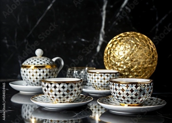 Fototapeta Elegant tea set with patterned cups, saucers, teapot, and decorative golden sphere