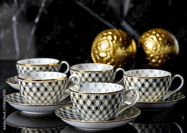 Fototapeta Elegant tea cups with intricate lattice design and golden accents on dark surface