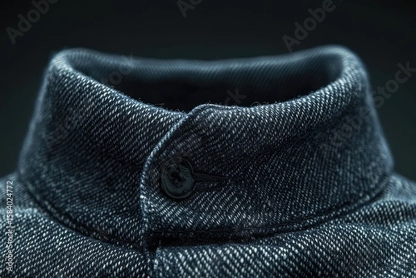 Fototapeta A close-up of a textured blue-grey shirt collar with a button, showcasing its fabric and design.