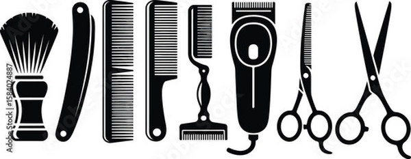 Fototapeta Barber tools in black silhouette, featuring a brush, razor, combs, clippers, and scissors.