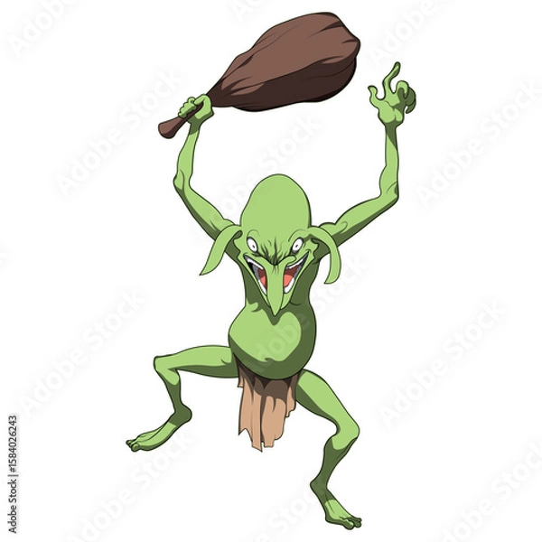 Fototapeta A cartoon-styled green monster striking a dynamic, combative pose while wielding a club, depicting fantasy and aggression.