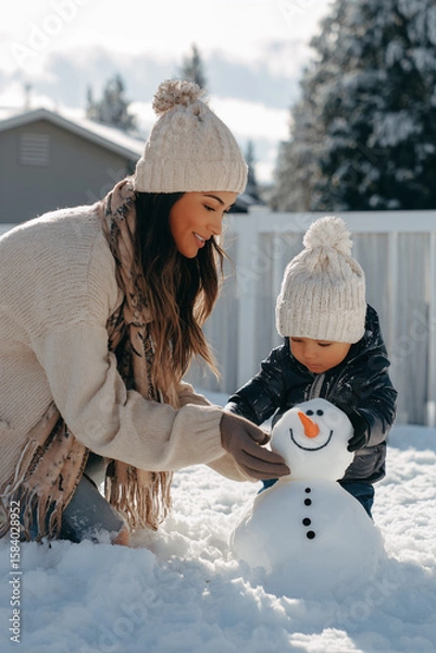 Obraz Photo of a happy family building a snowman in a winter park. Mother and daughter