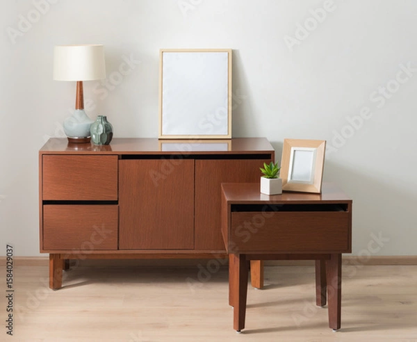 Obraz Mid-Century Modern Interior Design: Rich Wooden Sideboard with Tapered Legs, Accompanied by a Matching Nightstand, Adorned with a Vintage Lamp, Decorative Vases, and a Frame Mock-up Artistic Display.