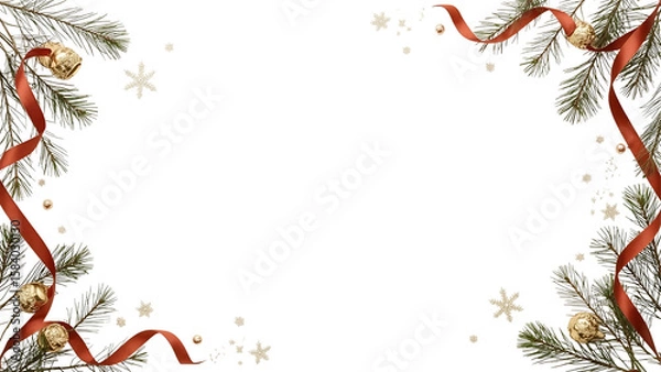 Obraz Christmas Frame with Pine Twigs, Red Ribbon, and Golden Bells