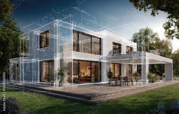 Fototapeta Modern house design with architectural plans overlaid (1)