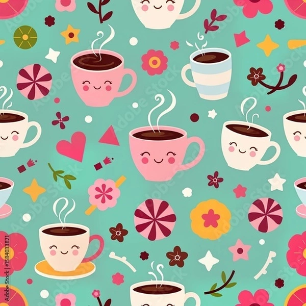 Fototapeta Create a vibrant vector seamless pattern of whimsical coffee cups surrounded by playful swirls and geometric shapes in pastel colors.