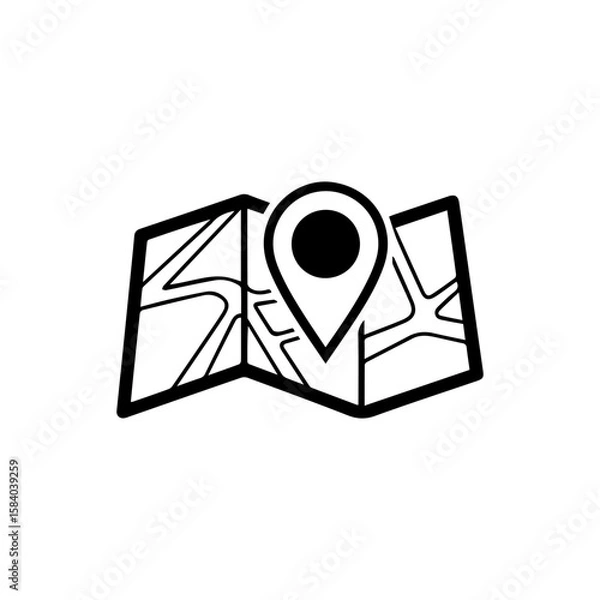 Fototapeta An unfolded map with road lines featuring a location pin centered on it