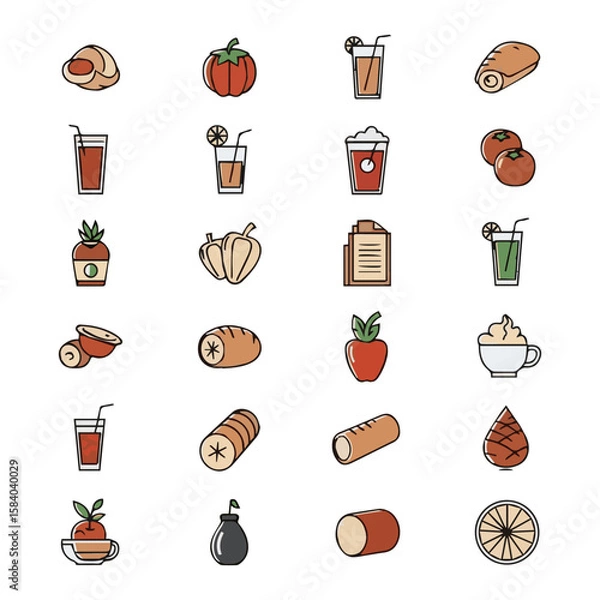Fototapeta Icon grid showing varied foods and drinks like bread fruits juice coffee and documents