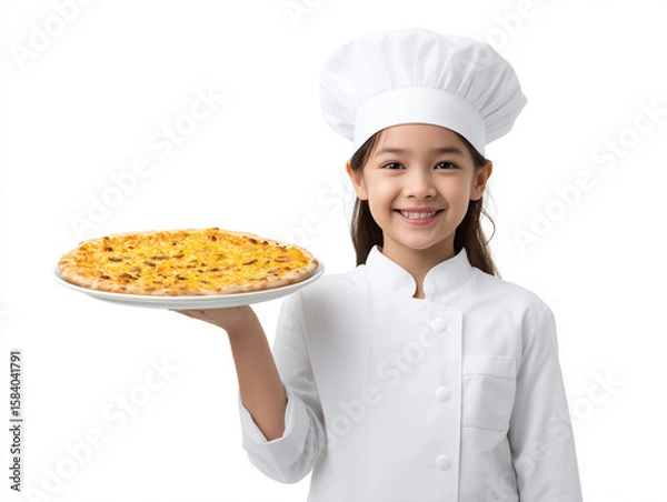 Fototapeta Young chef smiles while proudly presenting a delicious pizza 
