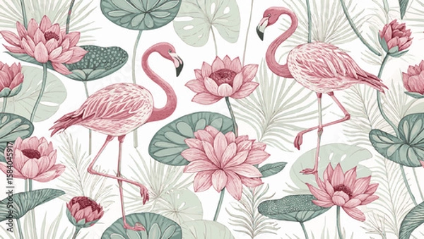 Fototapeta Vector Illustration Seamless Pattern Pink Flamingo, Lotus, White, Pink, Lotus Leaf, Fabric or Wallpaper Pattern.