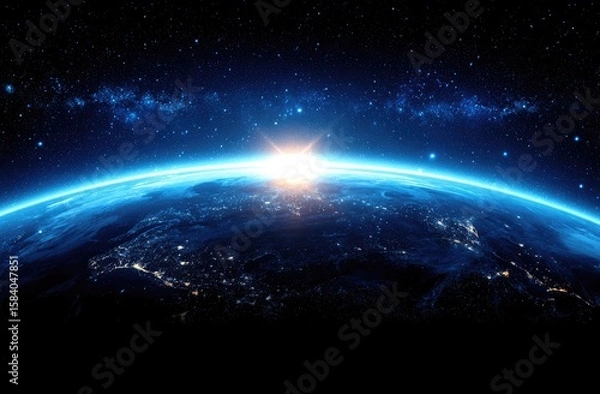 Fototapeta Earth rising, illuminated by sunrise, seen from space.  Vast expanse of night sky with stars and nebulae.  Visible city lights on the globe