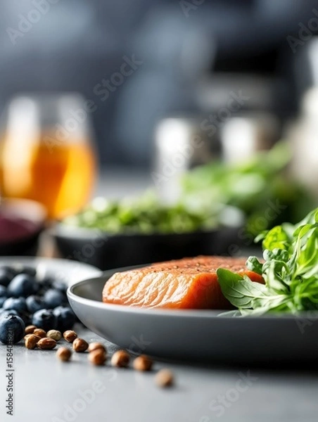 Fototapeta Vibrant Keto Friendly Food Arrangement with Salmon and Fresh Ingredients in Abstract Low Contrast Setting