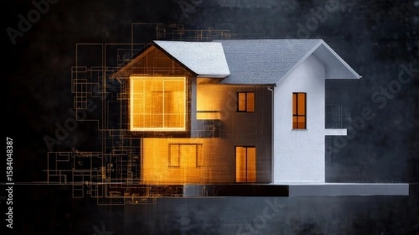 Fototapeta Modern House Blueprint Illustration Featuring 3D Design Elements and Technical Drawings for Residential Architecture