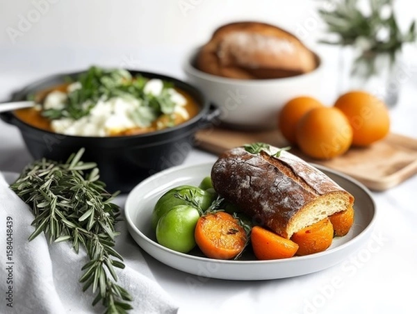 Fototapeta Traditional European Dishes Served on a Rustic Table with Vegetables and Fresh Bread