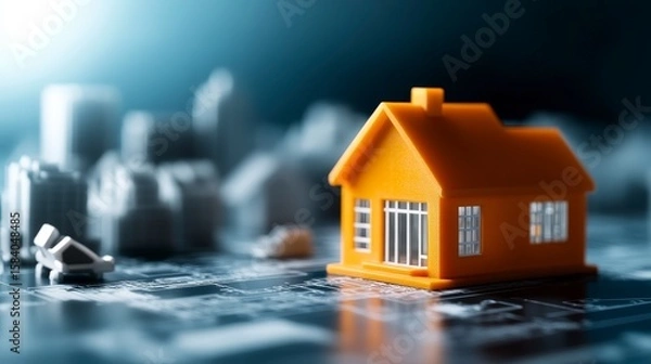 Fototapeta Colorful Cartoon Blueprint of a Building with a Vibrant 3D House Model in a Modern Urban Setting