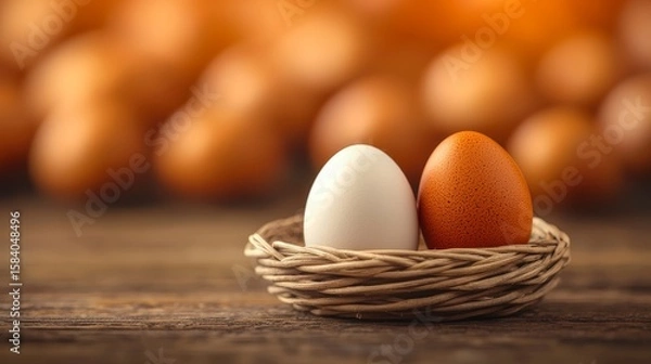Fototapeta Fresh White and Brown Eggs in a Basket on Wooden Table with Blurred Egg Background for Culinary Concepts
