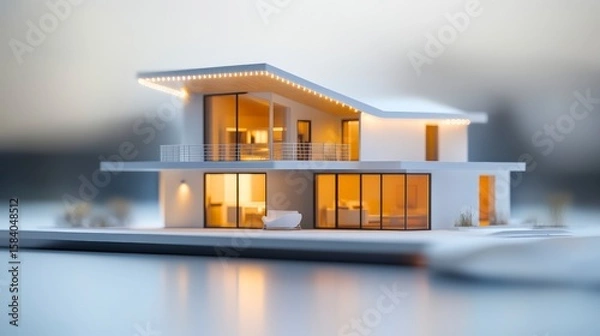 Fototapeta Modern House Illustration with Blueprints and Structural Design Elements in Giga Standard Format