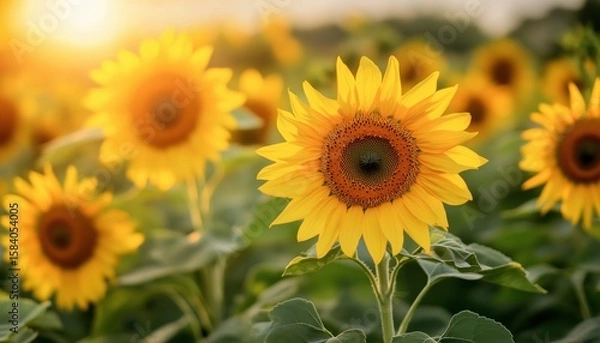 Fototapeta Close-Up View Of Sunflowers In A Summertime Agricultural Field With Selective Focus On The Blooms. Stunning And Vibrant Shot.