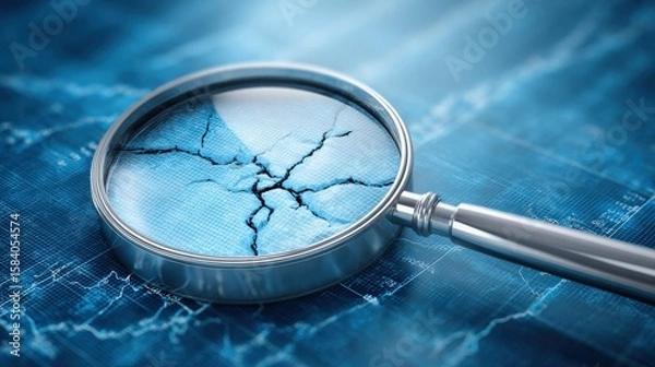 Fototapeta Financial Market Concepts in Times of Crisis. A magnifying glass highlights a cracked surface on a digital blue grid, symbolizing data vulnerability or cybersecurity breach.