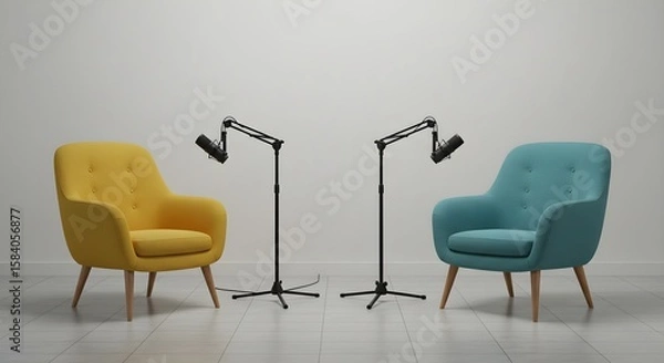 Fototapeta Podcast or interview setup two chairs and microphones in a podcast or interview room