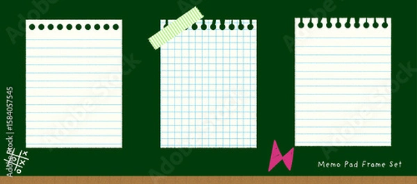 Obraz 手書き風のノート用紙や方眼紙をデザインしたかわいいメモ帳風フレームセット｜罫線、方眼、黒板背景、文房具、チョーク、テープ