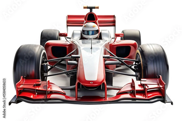 Fototapeta Front view of a red and white formula 1 race car with driver in cockpit isolated on a transparent background
