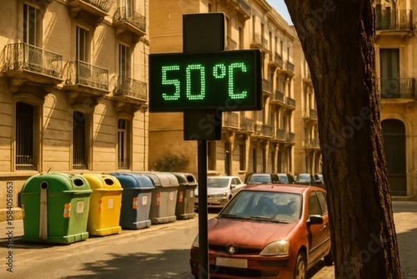 Fototapeta Scorching Summer Day: Digital Thermometer Displays Extreme Heatwave Temperature in Barcelona, Spain