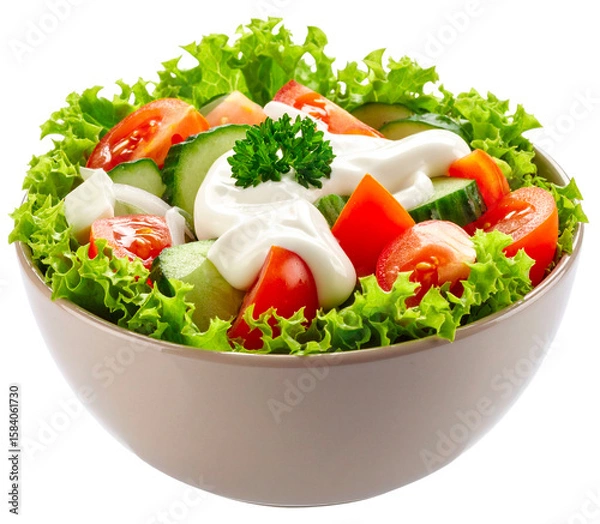 Obraz fresh vegetable salad with mayonnaise in bowl isolated on white background