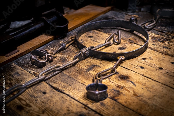 Fototapeta Ancient antique medieval wrought iron prisoner restraint shackles and chain, for waist and wrists. 