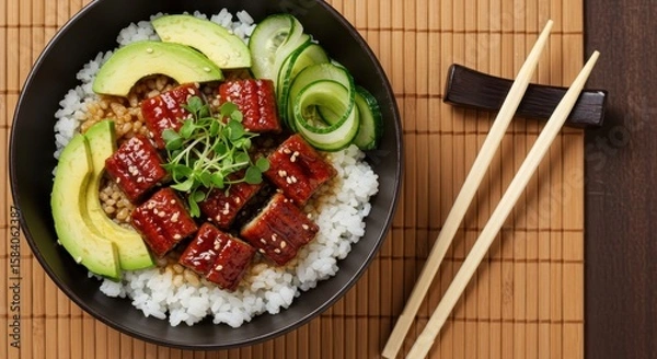 Fototapeta Delicious bowl of rice topped with grilled eel, fresh avocado, cucumber slices, and garnished with microgreens and sesame seeds