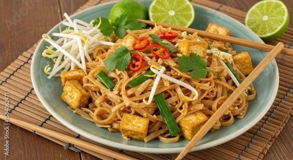 Fototapeta Delicious vegetarian stir-fried noodles with tofu, fresh lime, bean sprouts, and chili arranged on a bamboo mat