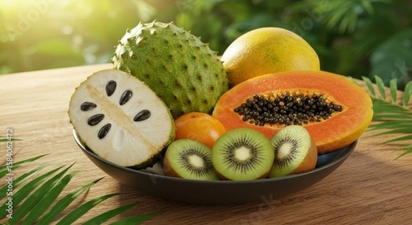 Fototapeta Fresh and Colorful Exotic Fruits Displayed in a Bowl on Wooden Table Surrounded by Greenery