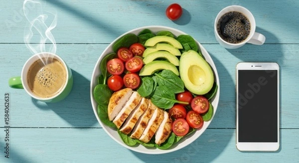 Fototapeta Fresh and Healthy Meal with Grilled Chicken, Avocado, Cherry Tomatoes, Spinach, Coffee, and Smartphone on Blue Rustic Table