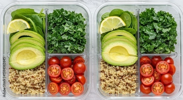 Fototapeta Fresh and Healthy Meal Prep Idea with Quinoa, Avocado, Spinach, Kale, and Cherry Tomatoes in Containers
