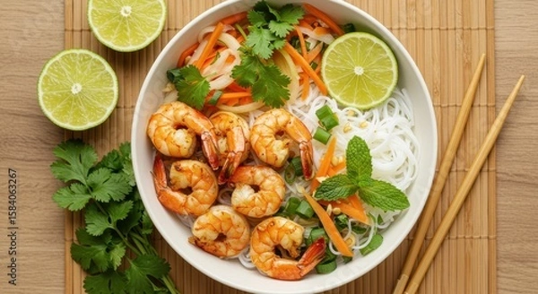 Fototapeta Fresh Shrimp Noodle Bowl with Colorful Vegetables and Lime Garnish on Wooden Surface