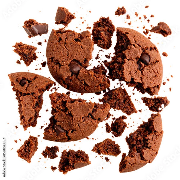 Obraz chocolate cookie crumbles flying on white background