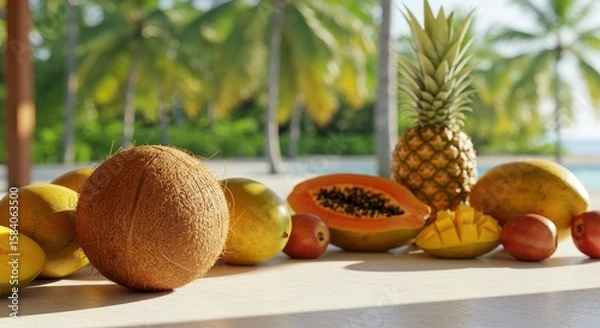 Fototapeta Fresh Tropical Fruits Displayed on Table Against Beautiful Background with Palm Trees and Ocean View