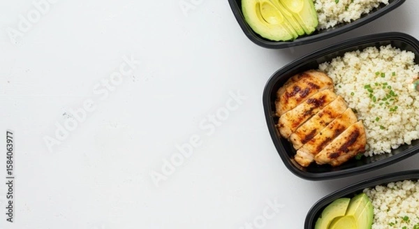 Fototapeta Grilled Chicken Meal Prep with Cauliflower Rice and Avocado Slices in Black Containers on White Background