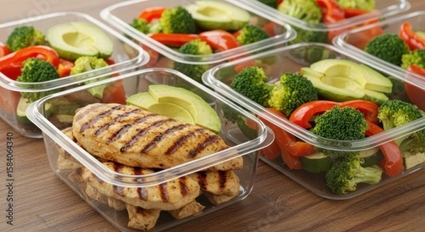 Fototapeta Healthy Meal Prep with Grilled Chicken and Fresh Vegetables in Clear Plastic Containers