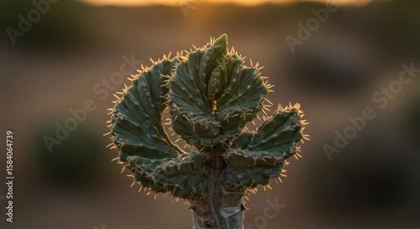 Fototapeta Unique Cactus with Spines Against a Warm Sunset Background in Desert Landscape