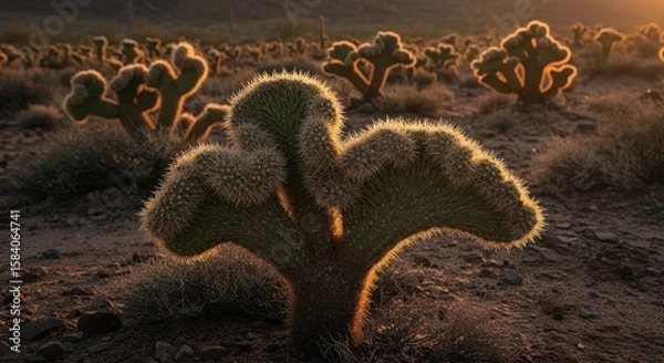 Fototapeta Sunlit Cactus Landscape at Dusk with Desert Flora and Unique Vegetation Profiled in Warm Golden Glow