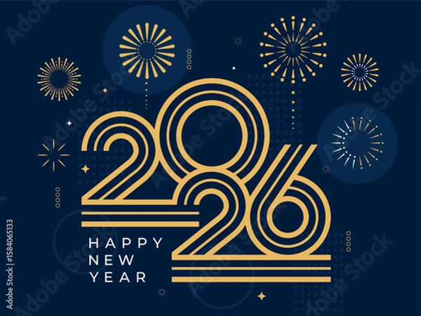 Fototapeta 2026 Happy New Year with fireworks design vector illustration. Unique 2026 logo design template. In gold and blue color