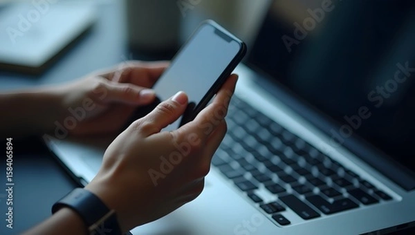 Obraz Close-up of hands holding a smartphone near an open laptop, blurred background