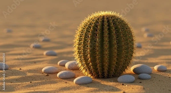 Fototapeta Green round cactus with spines on sandy desert landscape surrounded by smooth pebbles in soft light