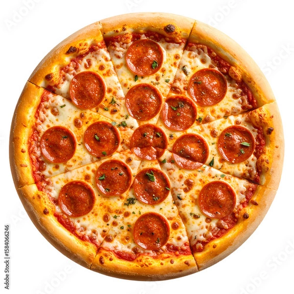 Fototapeta Pepperoni pizza, delicious and appetizing, ready to be served. The pizza is cut into eight slices, with melted cheese and pepperoni toppings, isolated on transparent background