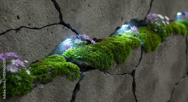 Fototapeta Lush Greenery and Delicate Flowers Emerging from Cracked Concrete Pathway with Illuminated Features