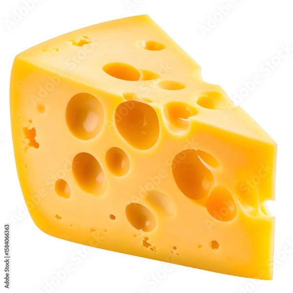 Fototapeta A close-up shot of a delicious cheese wedge with several holes in it, isolated on transparent background