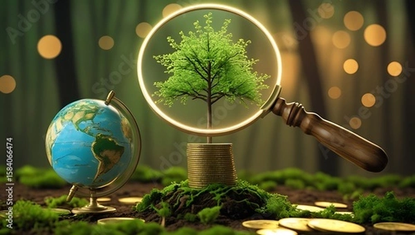 Fototapeta Eco Wealth Investment with Tree, Globe, Coins, and Magnifying Glass on Soil