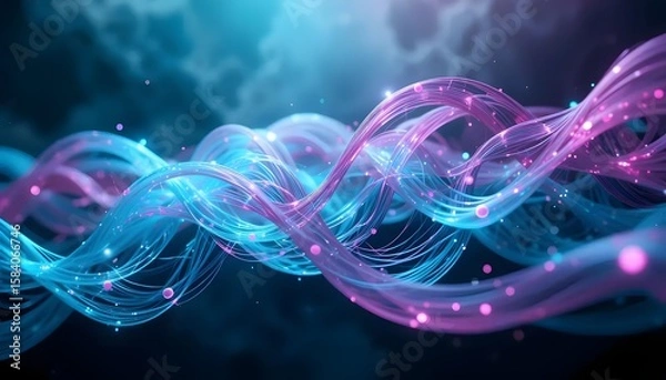 Obraz Abstract digital artwork shows flowing, luminescent strands of blue and pink light against dark sky